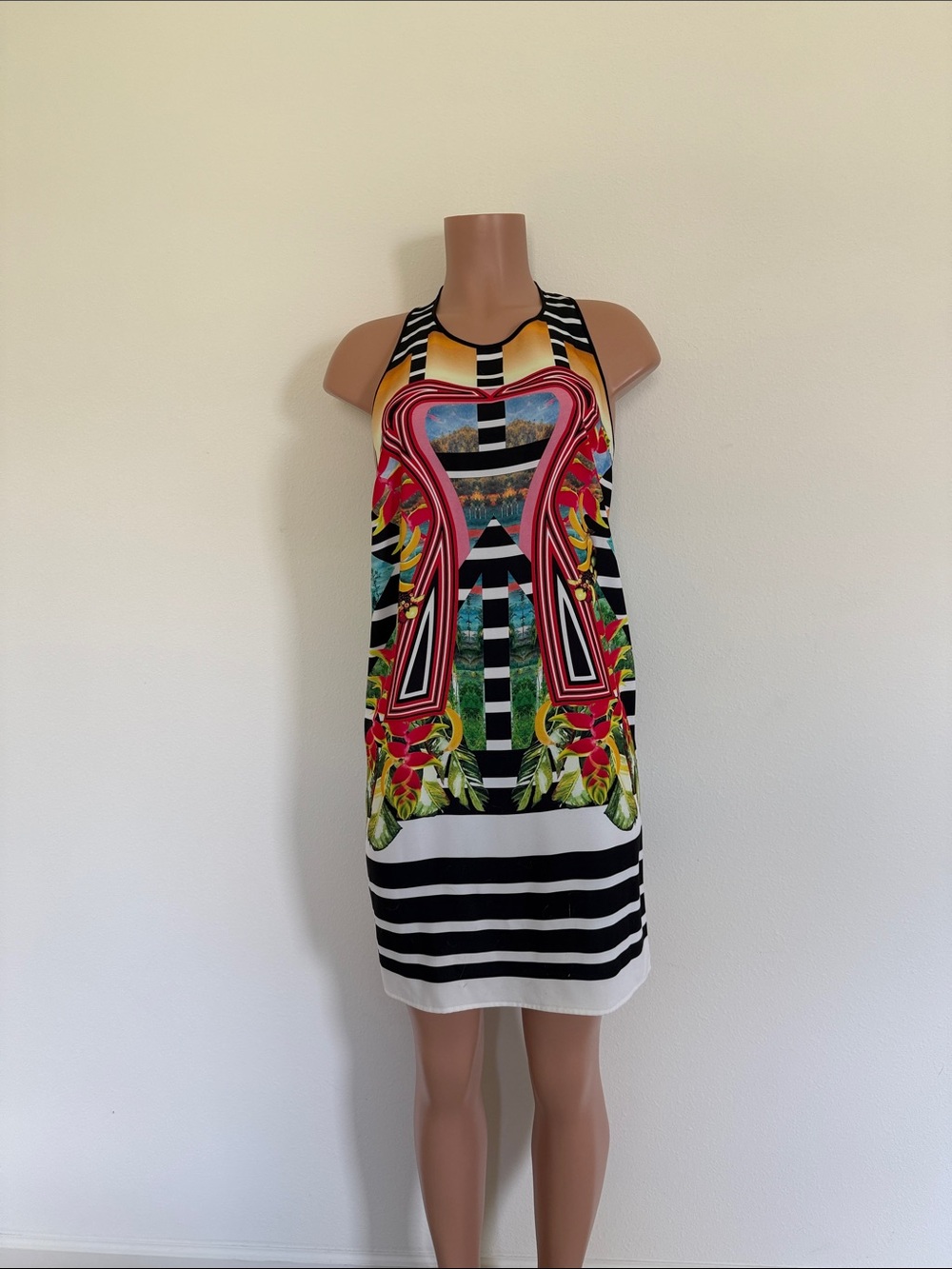 Sleeveless Multicolor Graphic Mini Dress - Black & White Stripe